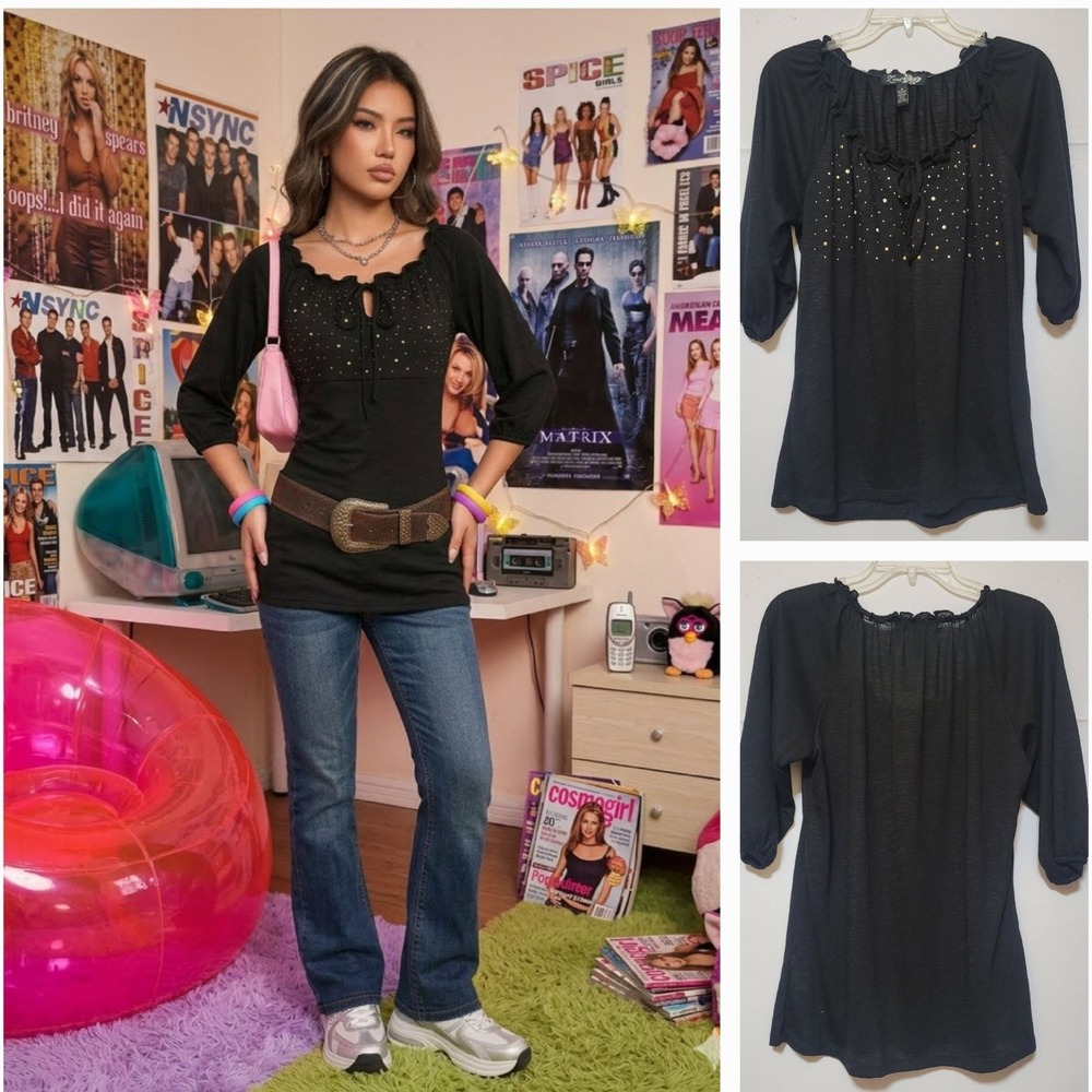 Zena Embellished Knit Top M Black 3/4 Sleeve Studded Whimsigoth Peasant Edgy Y2K